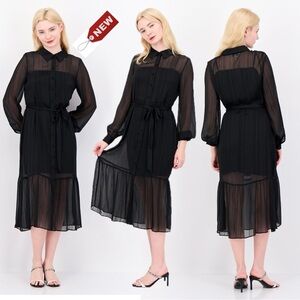 Nanette Lepore black metallic midi shirt dress pleated skirt sheer sleeves 14